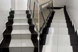 Side-by-side views looking up and down the clinic stairs used during knee physiotherapy