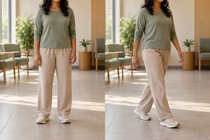 Brown-skinned woman standing still and then gently pacing in supportive shoes