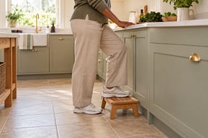 Brown-skinned woman resting one foot on a low footrest while standing at a kitchen counter