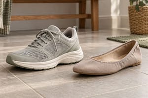 Supportive cushioned trainer beside a thin flat shoe on a hard tiled floor