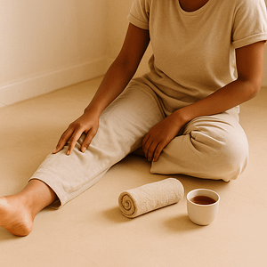 Woman sitting casually indoors on a beige floor with a towel and cup of tea beside her, symbolizing recovery and relaxation after stretching for tight hamstrings and flat feet