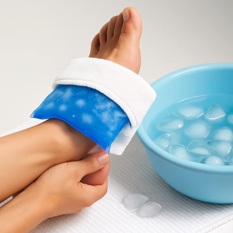 Applying an ice pack to the arch of the foot to reduce swelling and pain from flat feet.